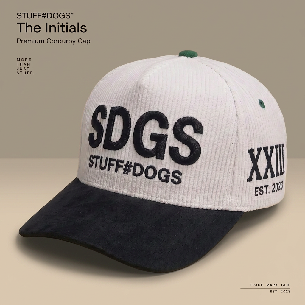 STUFF#DOGS The Initials Premium Corduroy Cap mit Modellbeschriftung auf warmem Greige-Hintergrund