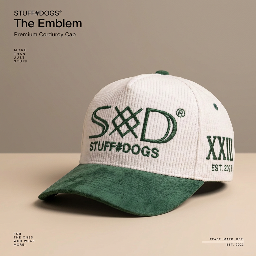 STUFF#DOGS The Emblem Premium Corduroy Cap mit Modellbeschriftung auf warmem Greige-Hintergrund